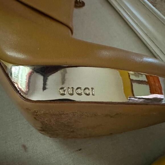 Vintage Gucci Camel Leather lace Up boots with shiny gold platform heel 39.5 - Picture 12 of 16
